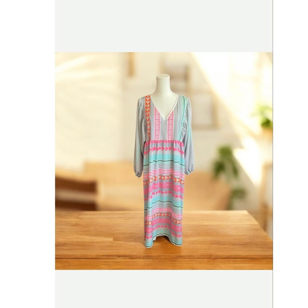 Colorful Geometric Long Dress Balloon Sleeve V-Neck Lightweight Large